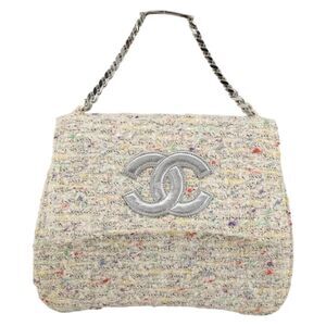 Chanel Vintage Cc Chain Top Handle Bag Quilted Tweed White Tweed Handbag